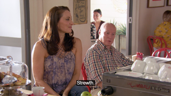 Screenshot from Home and Away showing Roo Stewart (Georgie Parker) and Alf Stewart (Ray Meagher) looking surprised. The caption "strewth" indicates that Alf has just dropped one of his famous catch phrases.