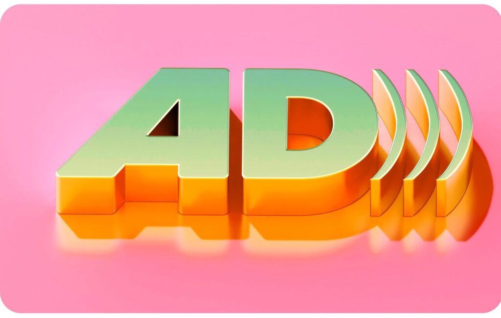 A gold three dimensional audio description 'AD' icon on a candy pink background